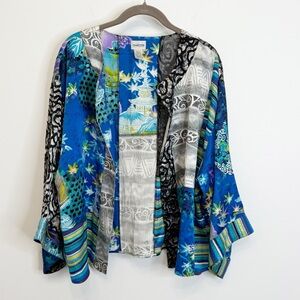 Chico's Silk Blend Blue Multi Cardigan Kimono Topper Chico's Size 2 Large